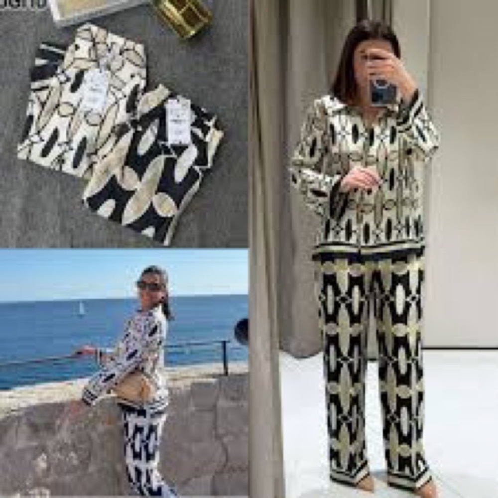 Zara Black and Cream Wide Leg Pants